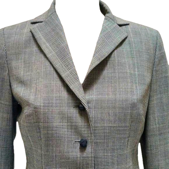 Ann Taylor 2 Piece Skirt Suit Gray Plaid Petite Business Attire Black White Wool - Picture 5 of 15